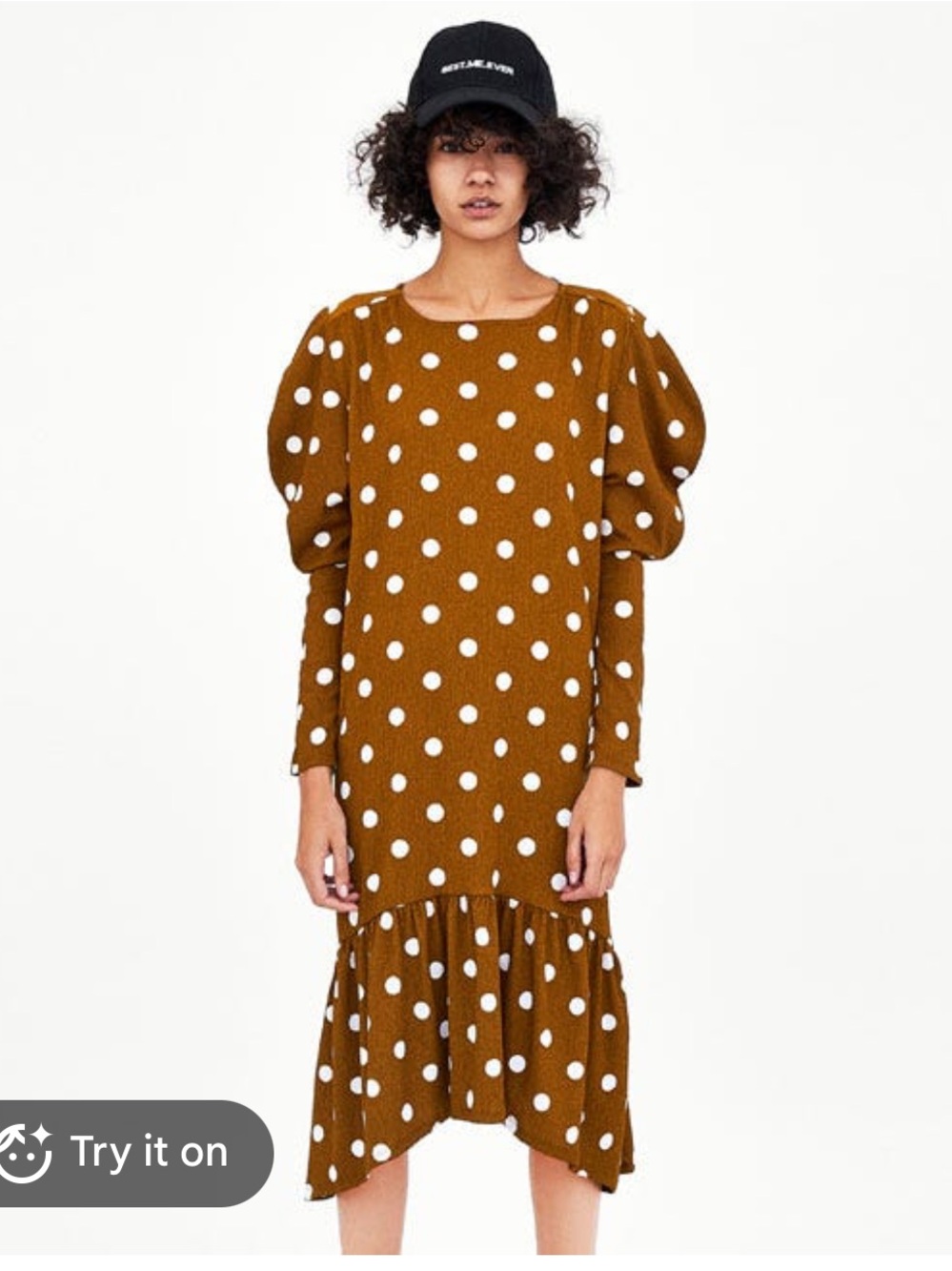 Zara Brown Polka Dot Puff-Sleeve Midi Dress